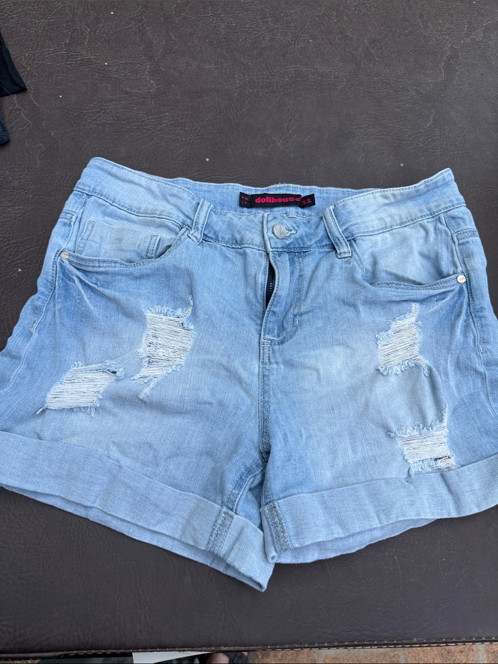 Dollhouse Light Blue Distressed Cuffed Denim Shorts 11 super stretch